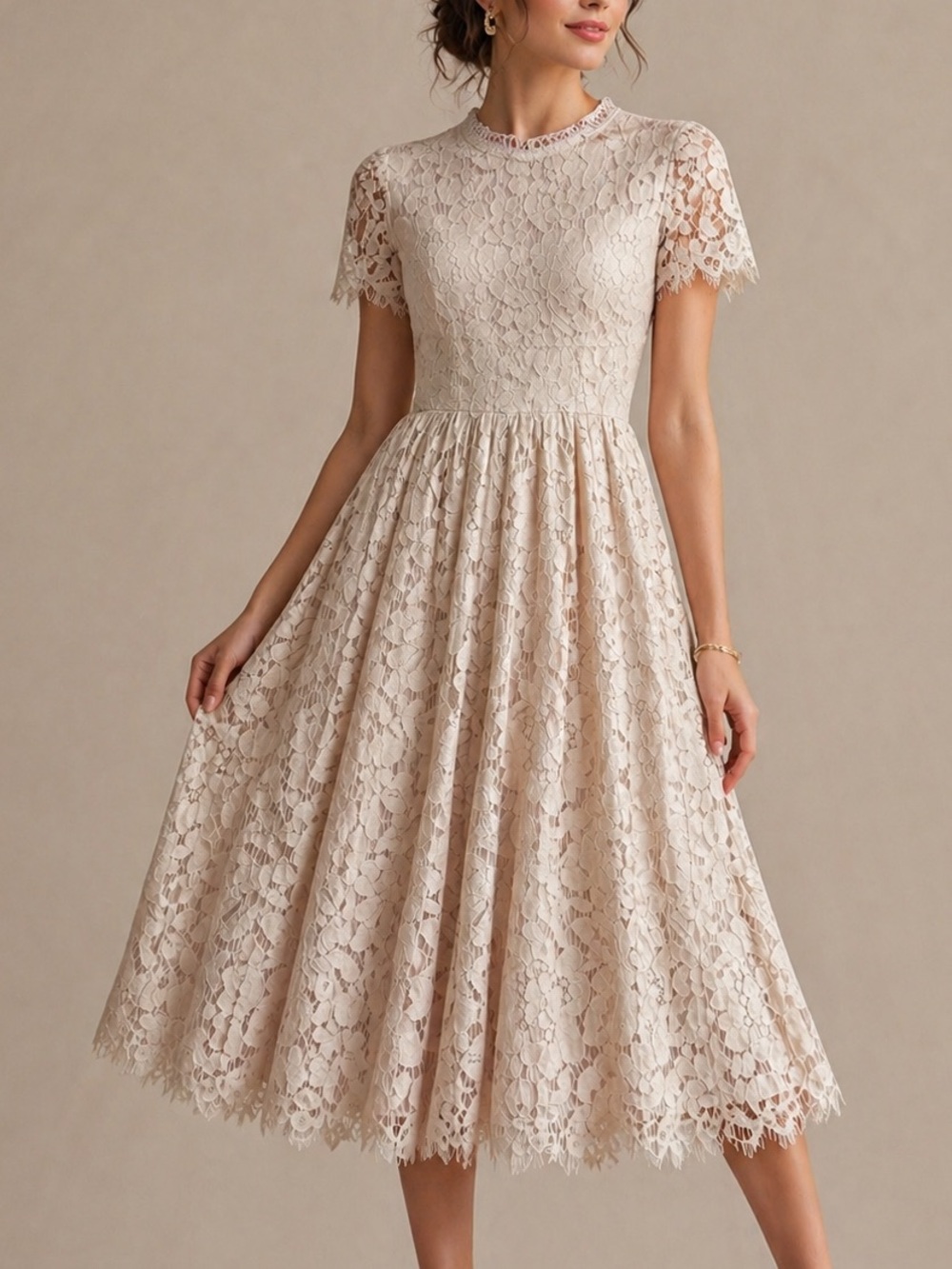 Rachel Parcell Lace Midi Dress Size XS Nude Cream Pleated Wedding Guest